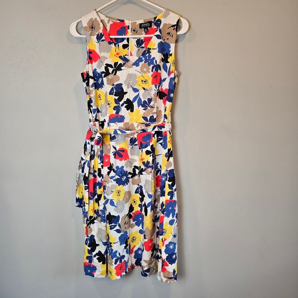Jones NY Dress Linen Floral Sleeveless Womens Extra Small White Red Blue Black